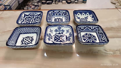 Handmade Moroccan Square Ceramic Bowls Set – 11 cm Cobalt Blue Hand-Painted Mini Dishes for Olive Oil, Dips & Appetizers