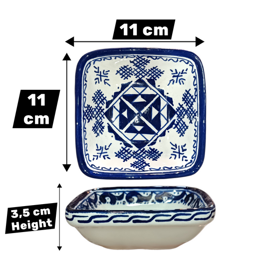 Handmade Moroccan Square Ceramic Bowls Set – 11 cm Cobalt Blue Hand-Painted Mini Dishes for Olive Oil, Dips & Appetizers