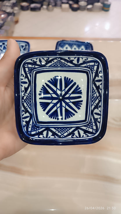 Handmade Moroccan Square Ceramic Bowls Set – 11 cm Cobalt Blue Hand-Painted Mini Dishes for Olive Oil, Dips & Appetizers