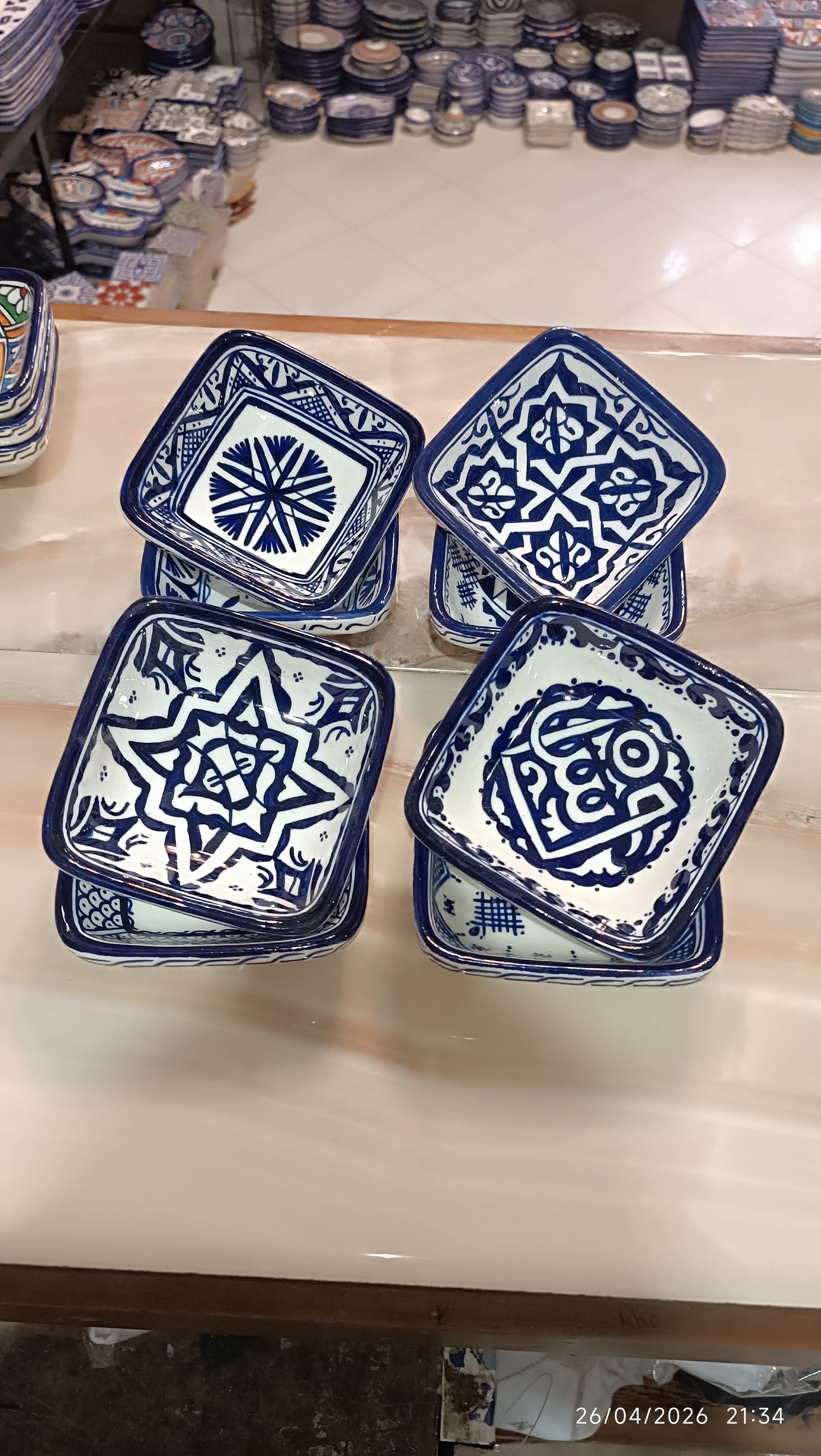 Handmade Moroccan Square Ceramic Bowls Set – 11 cm Cobalt Blue Hand-Painted Mini Dishes for Olive Oil, Dips & Appetizers