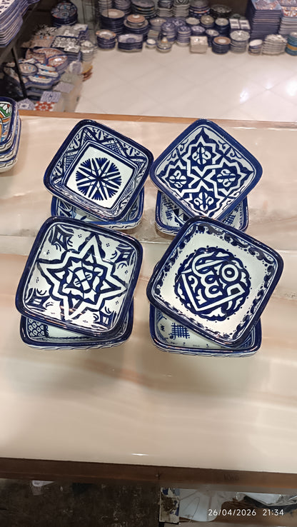 Handmade Moroccan Square Ceramic Bowls Set – 11 cm Cobalt Blue Hand-Painted Mini Dishes for Olive Oil, Dips & Appetizers