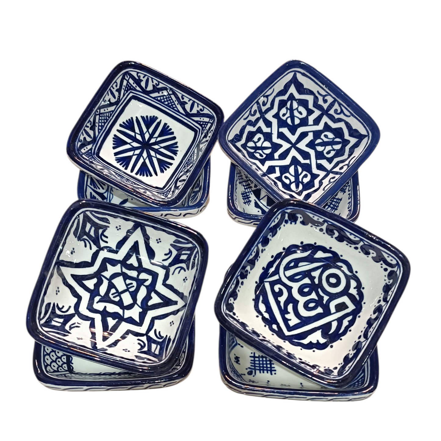 Handmade Moroccan Square Ceramic Bowls Set – 11 cm Cobalt Blue Hand-Painted Mini Dishes for Olive Oil, Dips & Appetizers