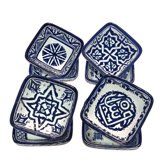 Handmade Moroccan Square Ceramic Bowls Set – 11 cm Cobalt Blue Hand-Painted Mini Dishes for Olive Oil, Dips & Appetizers