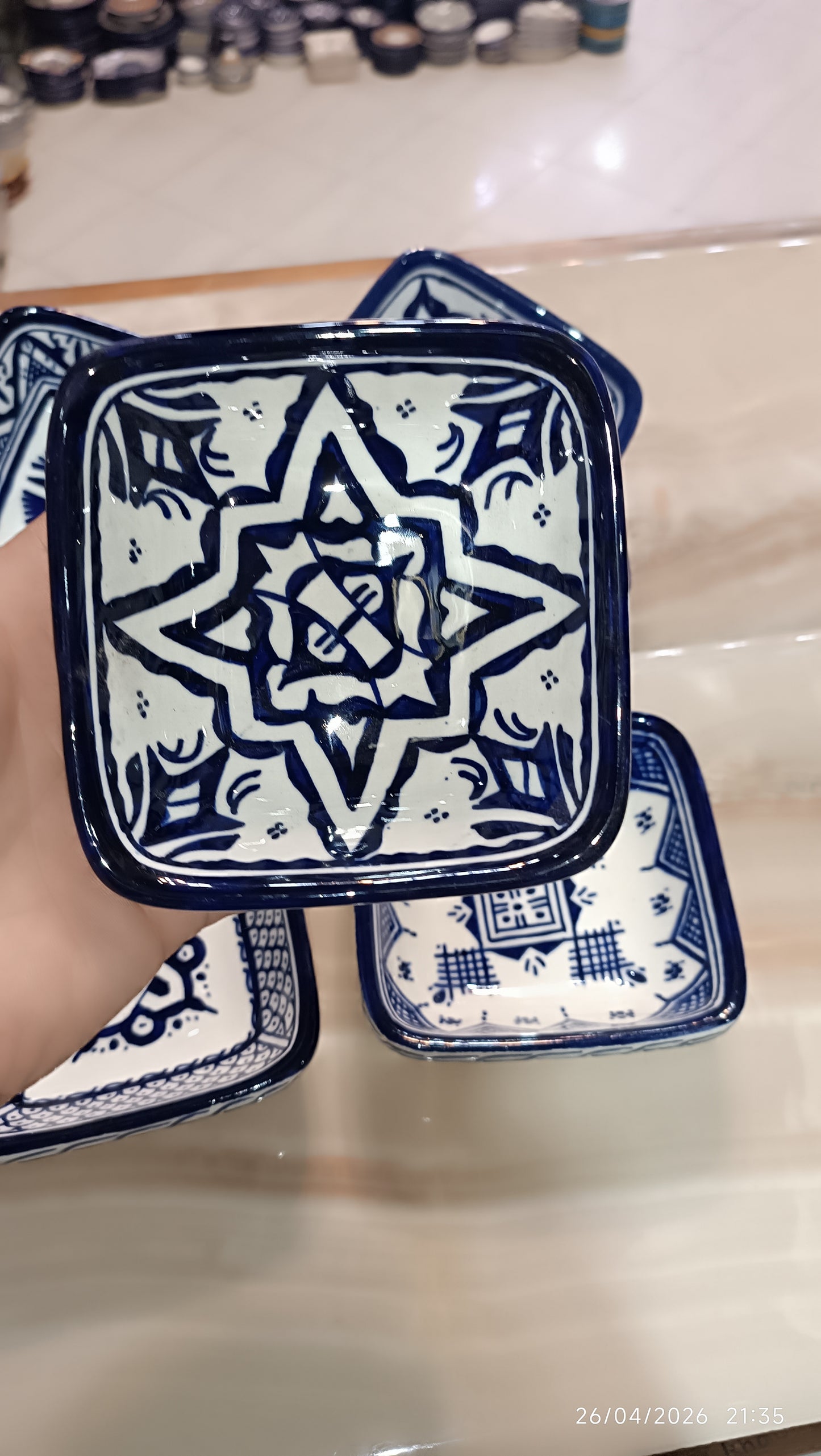 Handmade Moroccan Square Ceramic Bowls Set – 11 cm Cobalt Blue Hand-Painted Mini Dishes for Olive Oil, Dips & Appetizers