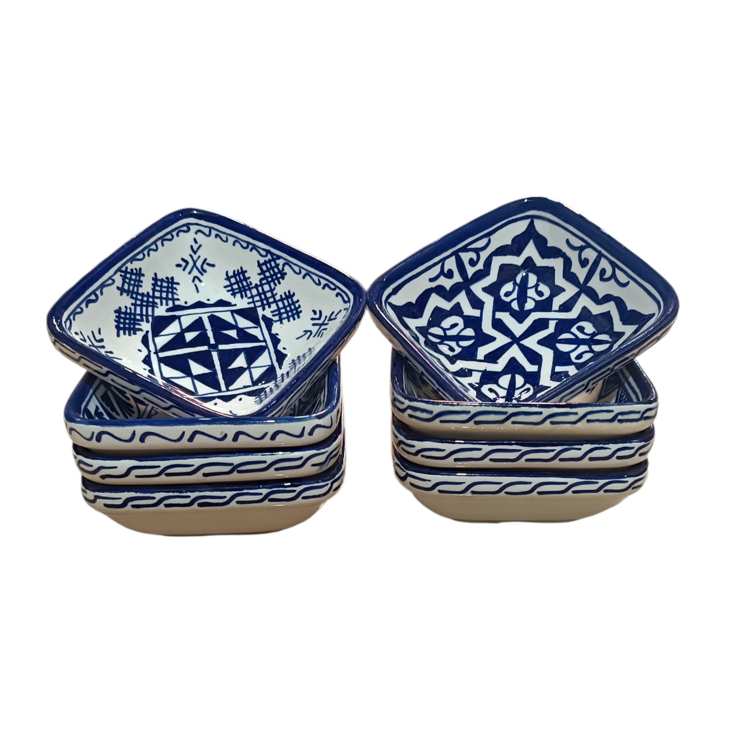 Handmade Moroccan Square Ceramic Bowls Set – 11 cm Cobalt Blue Hand-Painted Mini Dishes for Olive Oil, Dips & Appetizers