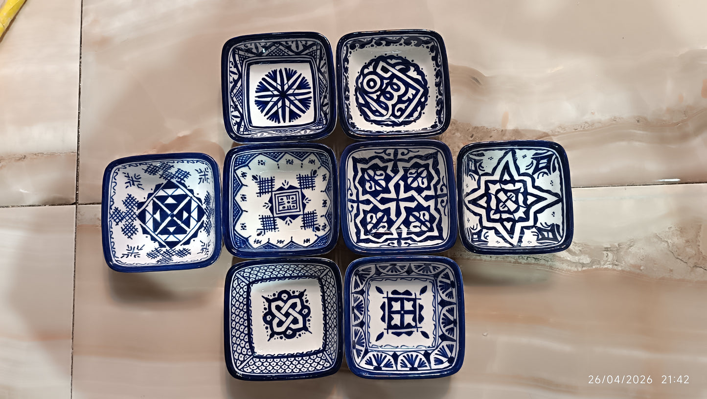 Handmade Moroccan Square Ceramic Bowls Set – 11 cm Cobalt Blue Hand-Painted Mini Dishes for Olive Oil, Dips & Appetizers