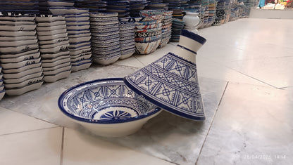 Handmade Moroccan Blue Ceramic Serving Tagine – Decorative Food Presentation Dish