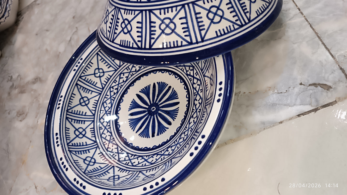Handmade Moroccan Blue Ceramic Serving Tagine – Decorative Food Presentation Dish