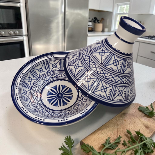 Moroccan Blue Ceramic Serving Tagine Handmade – Decorative Food Presentation Dish