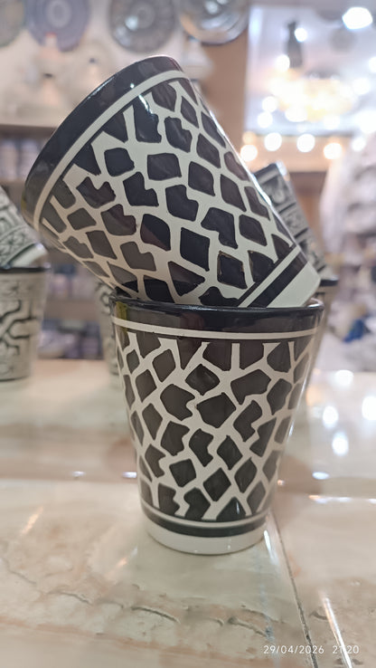 Moroccan cups fez pottery hand painted black and white (8 cups)