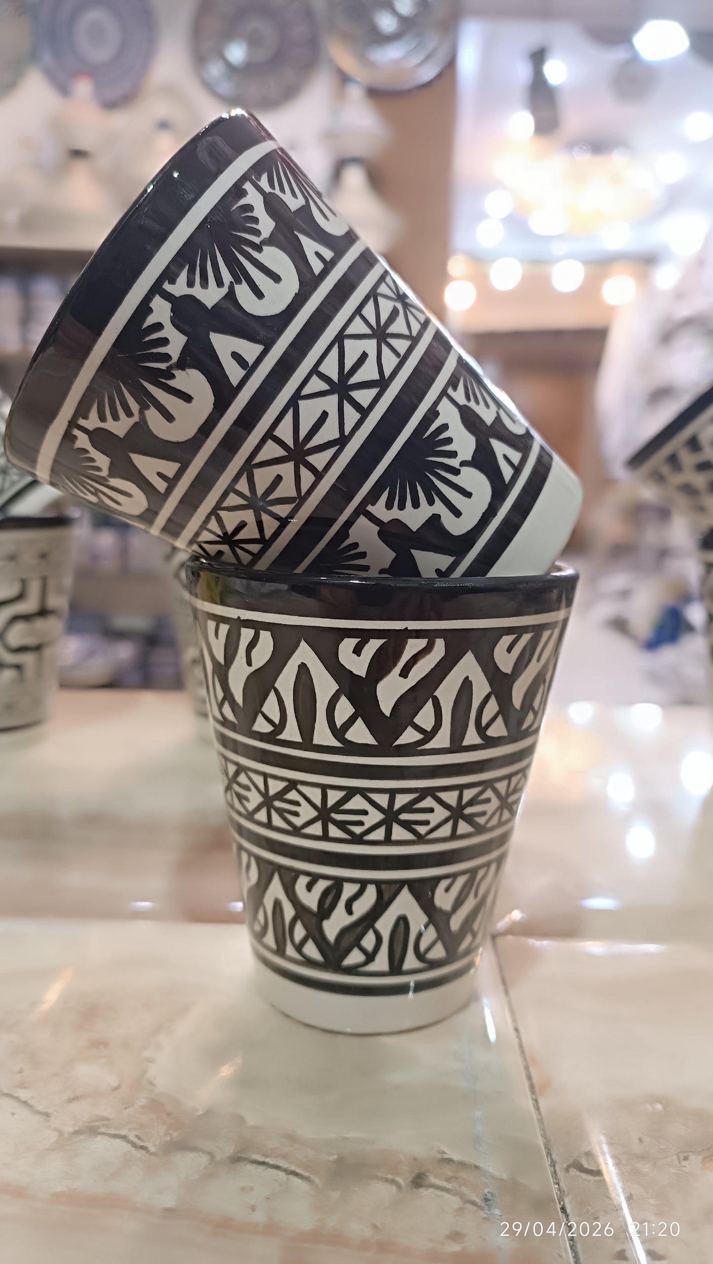 Moroccan cups fez pottery hand painted black and white (8 cups)
