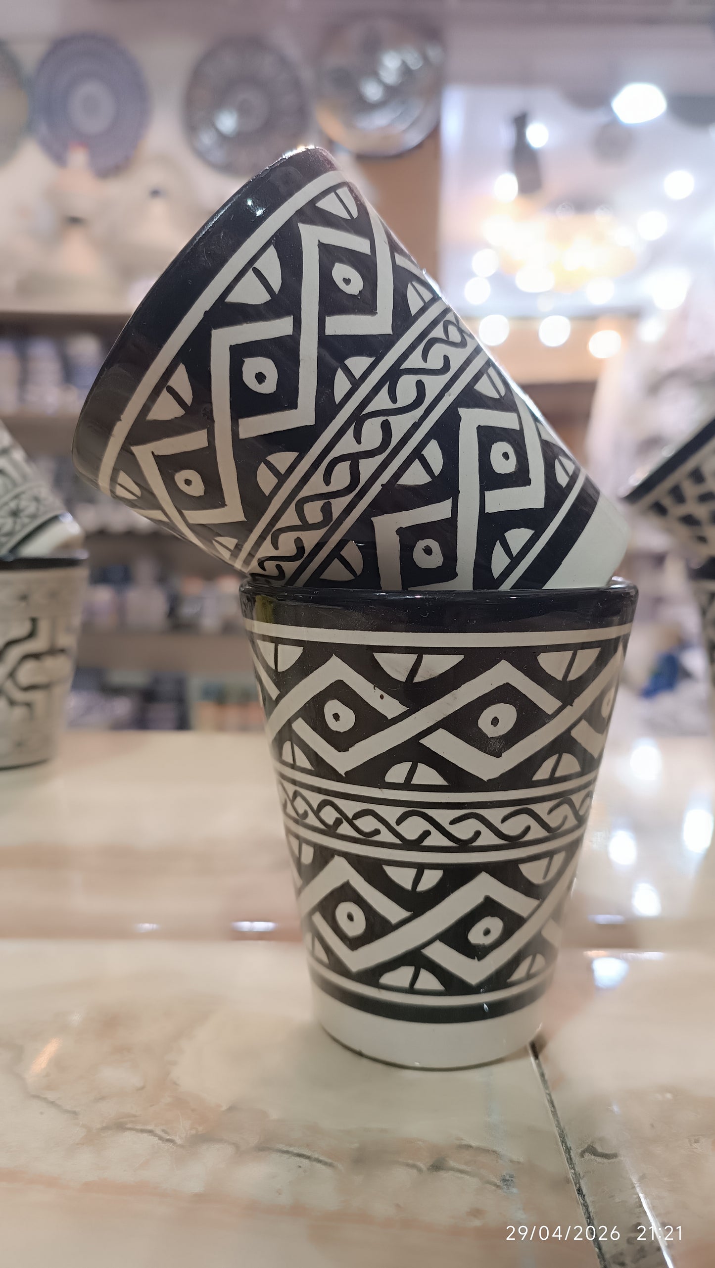 Moroccan cups fez pottery hand painted black and white (8 cups)