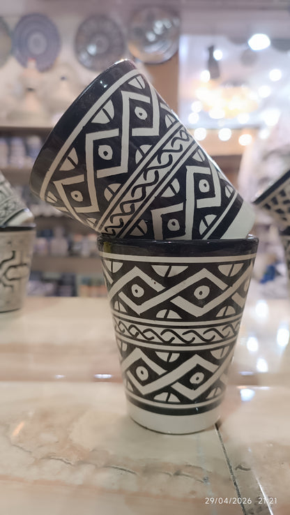 Moroccan cups fez pottery hand painted black and white (8 cups)