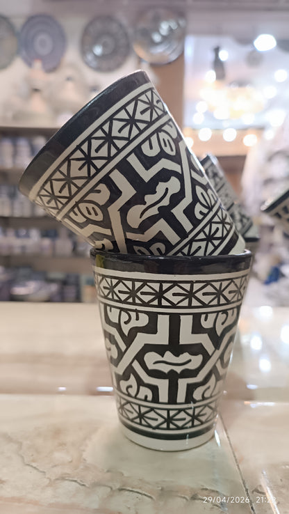 Moroccan cups fez pottery hand painted black and white (8 cups)