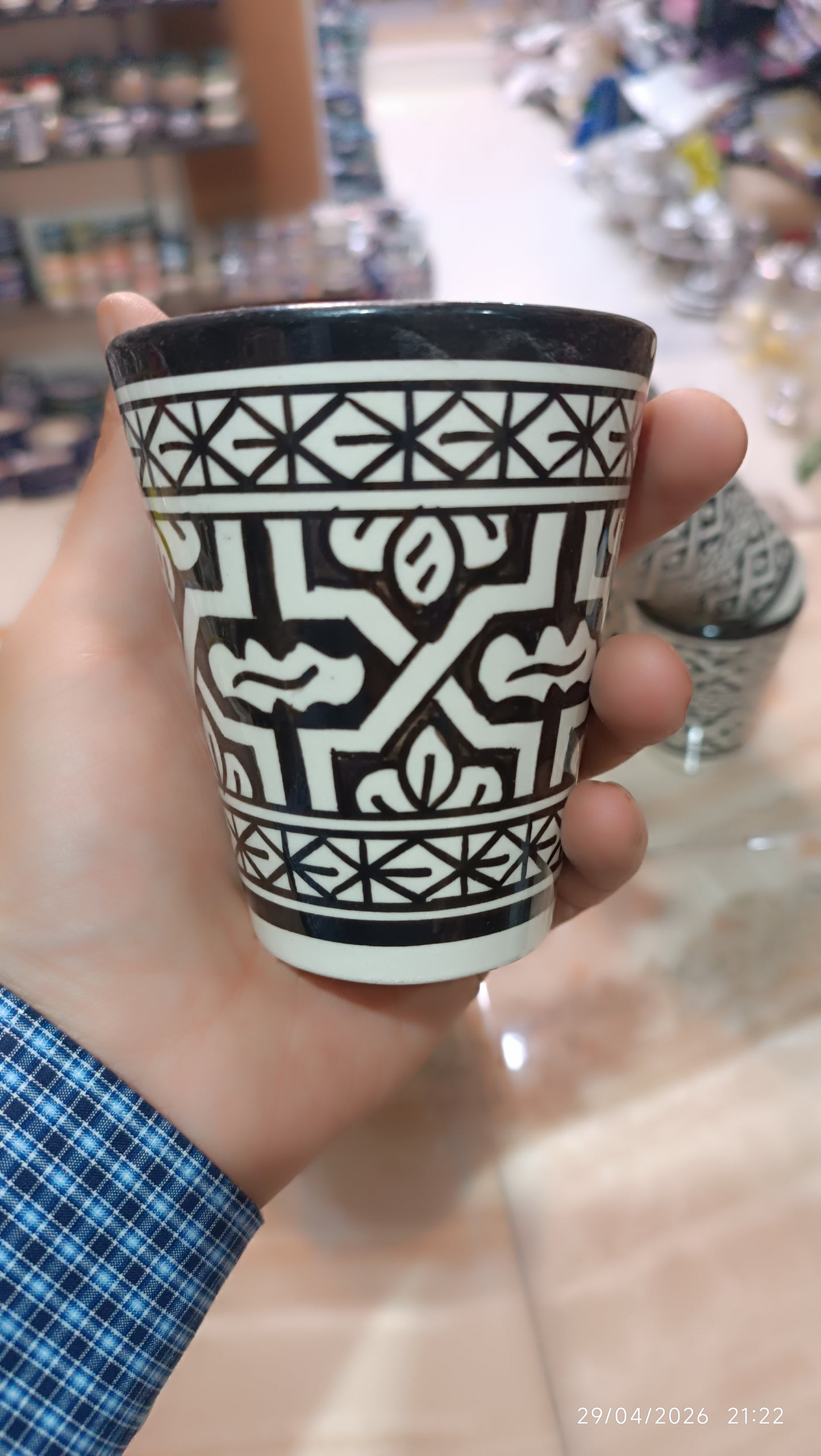 Moroccan cups fez pottery hand painted black and white (8 cups)