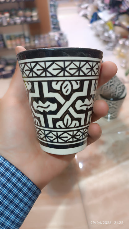 Moroccan cups fez pottery hand painted black and white (8 cups)