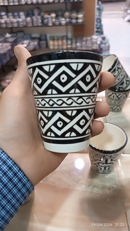 Moroccan cups fez pottery hand painted black and white (8 cups)