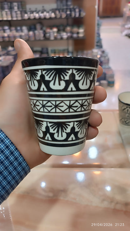 Moroccan cups fez pottery hand painted black and white (8 cups)