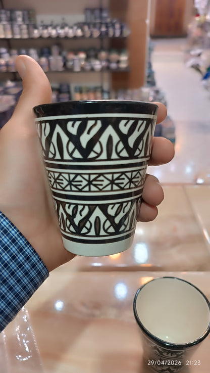 Moroccan cups fez pottery hand painted black and white (8 cups)