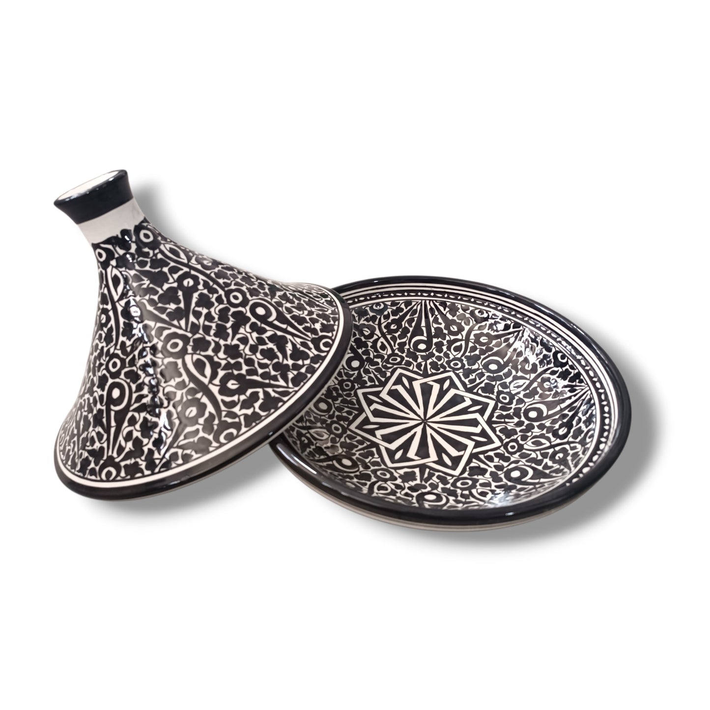 Handmade Moroccan Ceramic Serving Tagine – Black & White | Lead-Free | Microwave & Dishwasher Safe