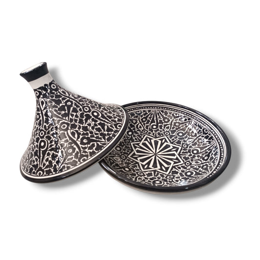 Handmade Moroccan Ceramic Serving Tagine – Black & White | Lead-Free | Microwave & Dishwasher Safe