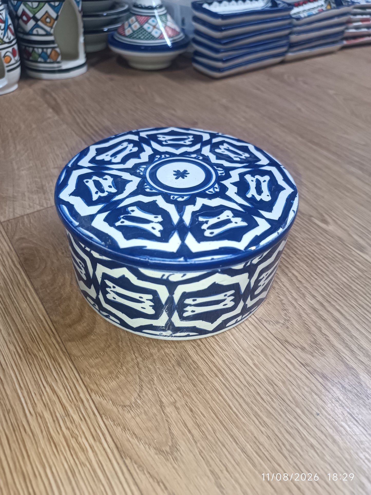 Handmade Moroccan Fassi Pottery Storage Box – Blue & White Ceramic Container