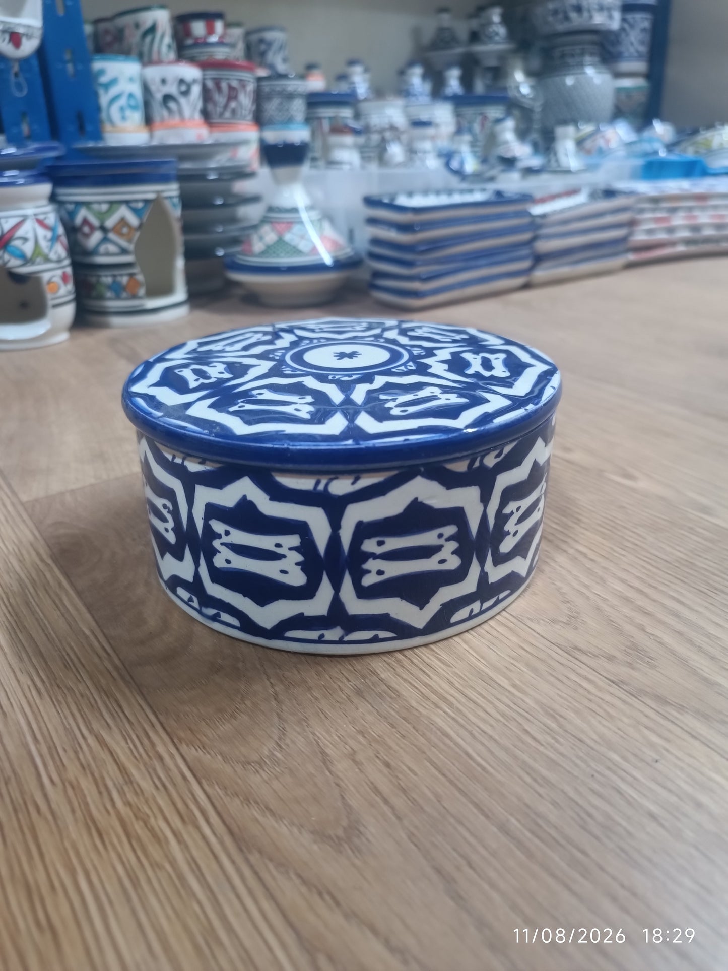 Handmade Moroccan Fassi Pottery Storage Box – Blue & White Ceramic Container