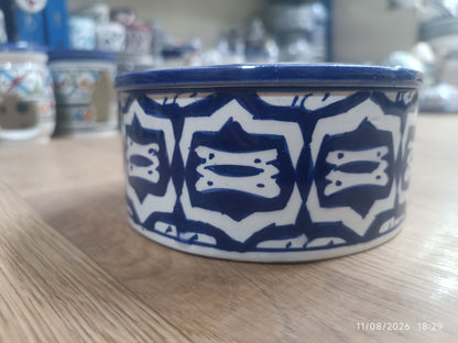 Handmade Moroccan Fassi Pottery Storage Box – Blue & White Ceramic Container