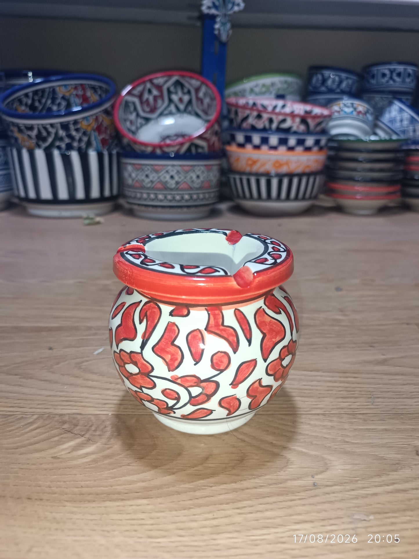 Moroccan Ceramic Ashtray with Lid – Hand-Painted Red Floral Design