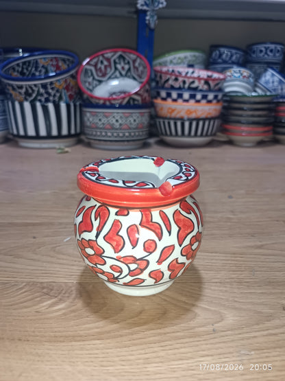 Moroccan Ceramic Ashtray with Lid – Hand-Painted Red Floral Design