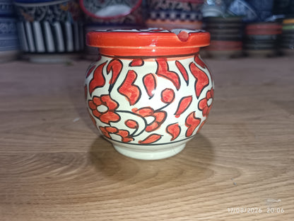Moroccan Ceramic Ashtray with Lid – Hand-Painted Red Floral Design