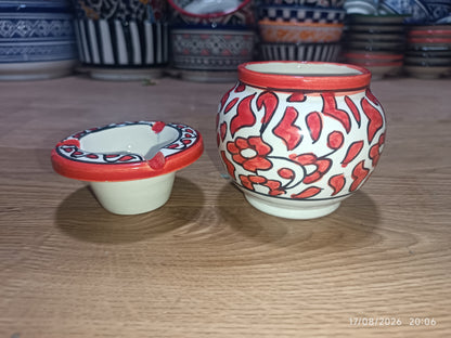 Moroccan Ceramic Ashtray with Lid – Hand-Painted Red Floral Design