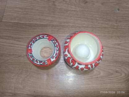 Moroccan Ceramic Ashtray with Lid – Hand-Painted Red Floral Design