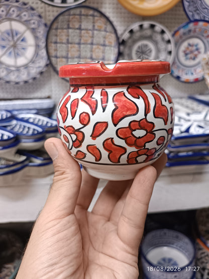 Moroccan Ceramic Ashtray with Lid – Hand-Painted Red Floral Design