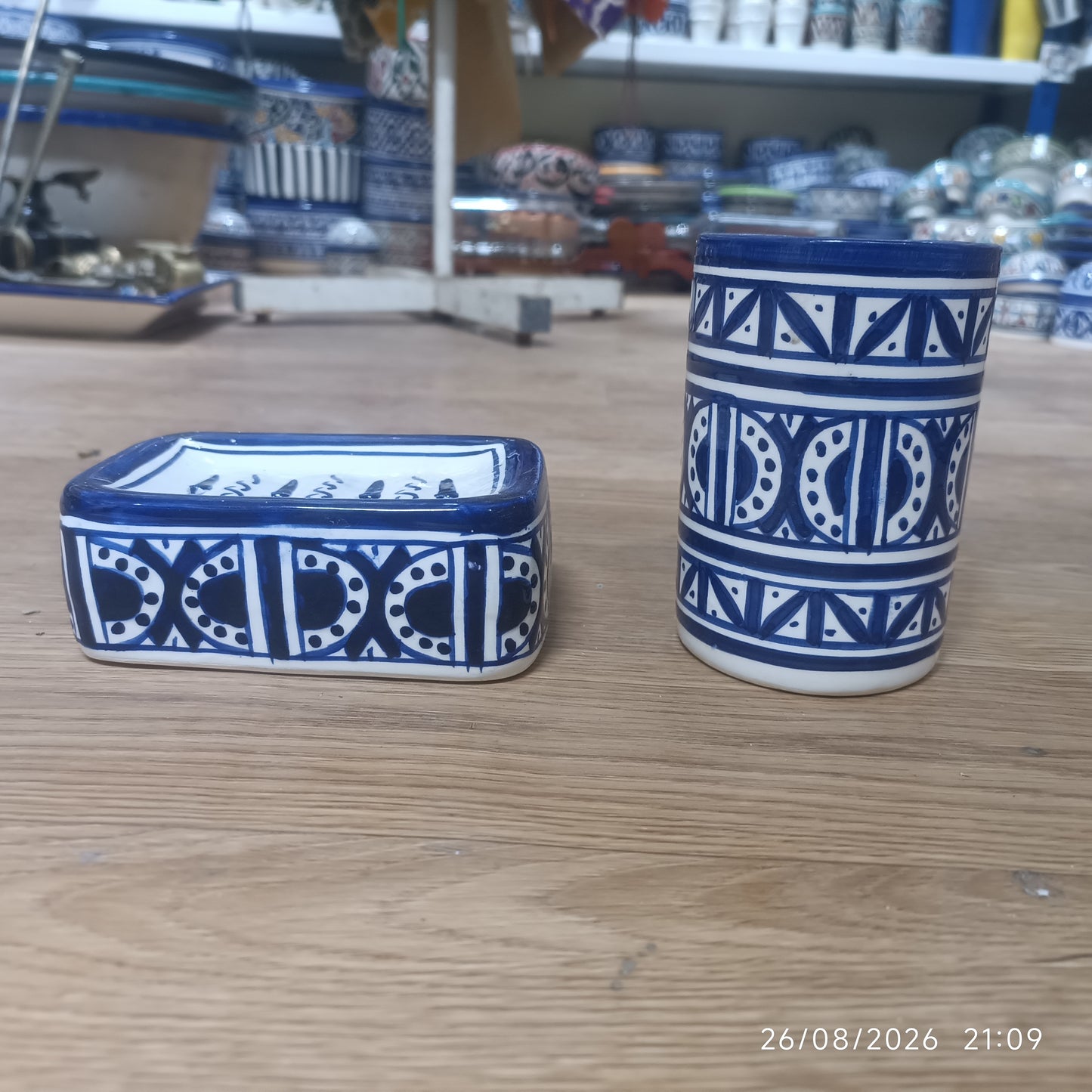 Blue & White Moroccan Ceramic Soap Dish & Toothbrush Holder Set