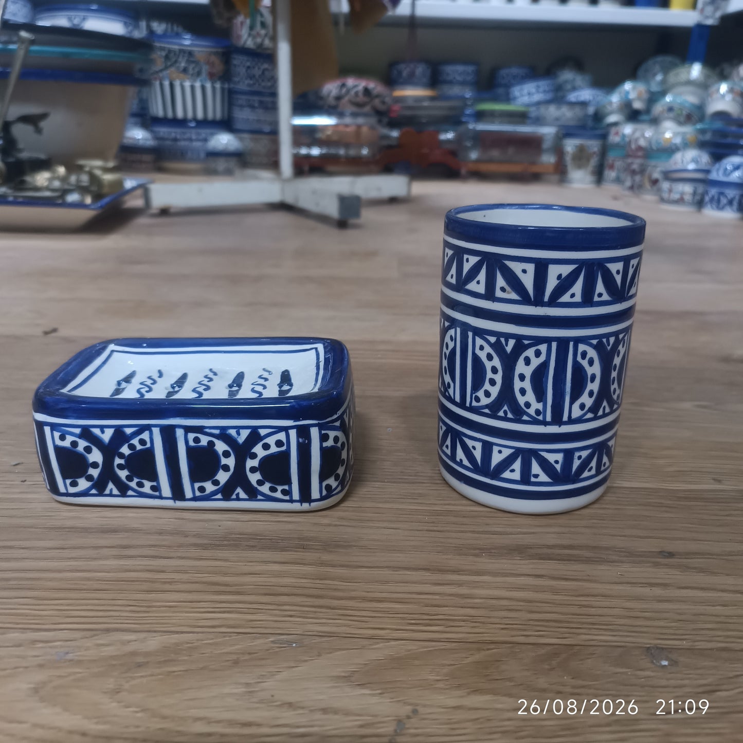 Blue & White Moroccan Ceramic Soap Dish & Toothbrush Holder Set