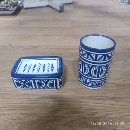 Blue & White Moroccan Ceramic Soap Dish & Toothbrush Holder Set