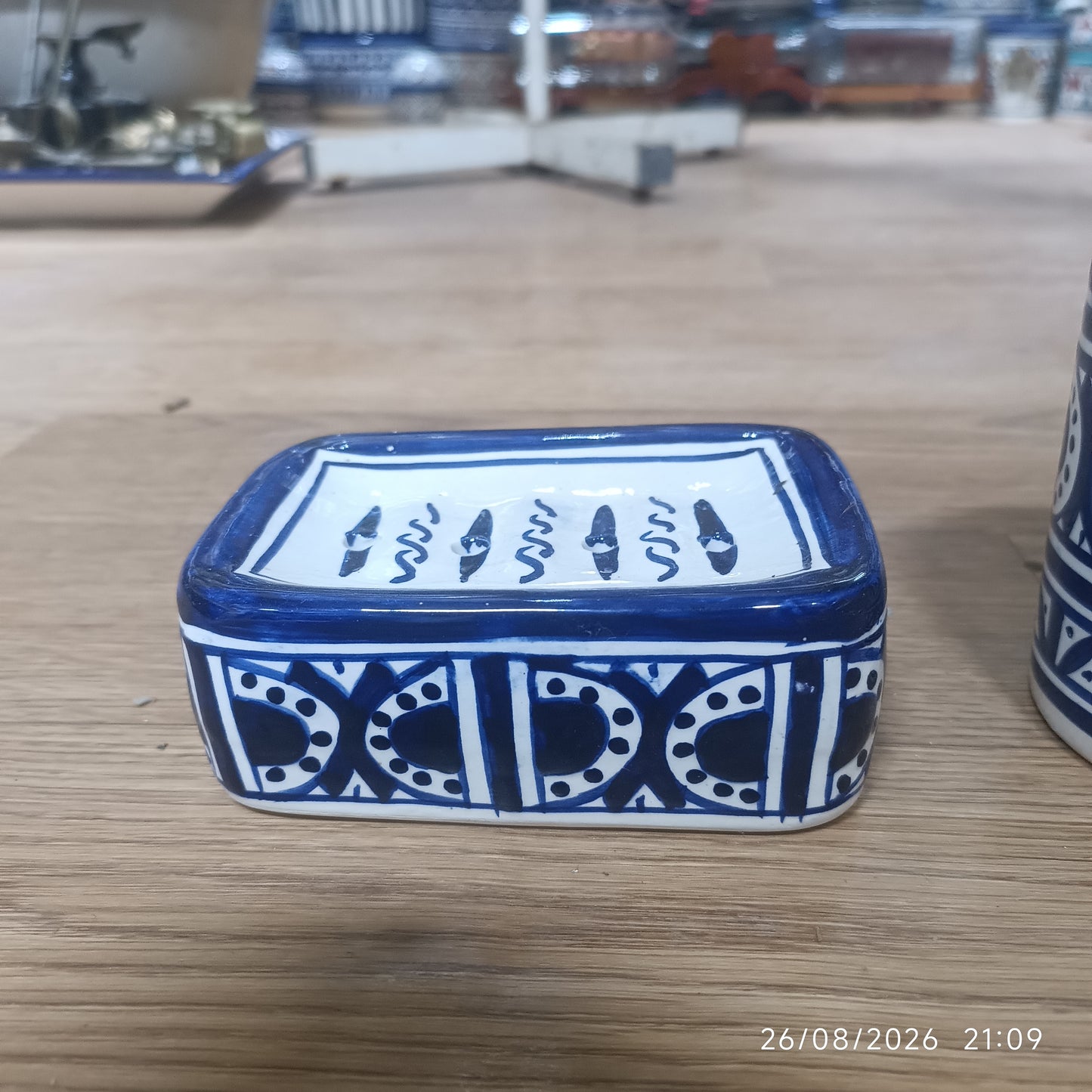 Blue & White Moroccan Ceramic Soap Dish & Toothbrush Holder Set