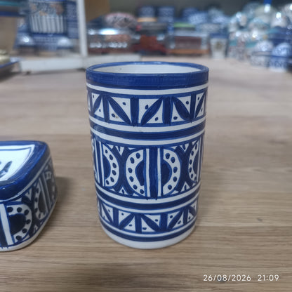 Blue & White Moroccan Ceramic Soap Dish & Toothbrush Holder Set
