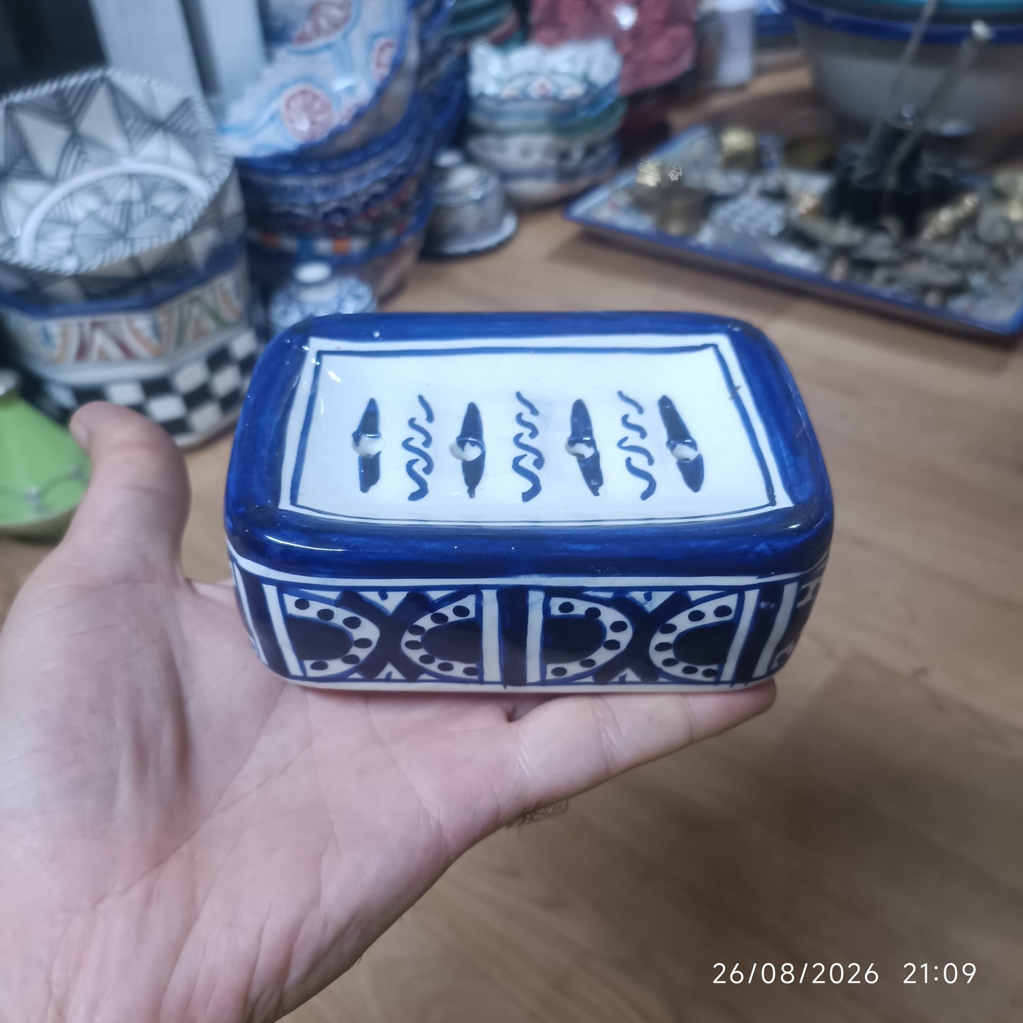 Blue & White Moroccan Ceramic Soap Dish & Toothbrush Holder Set