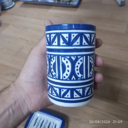 Blue & White Moroccan Ceramic Soap Dish & Toothbrush Holder Set