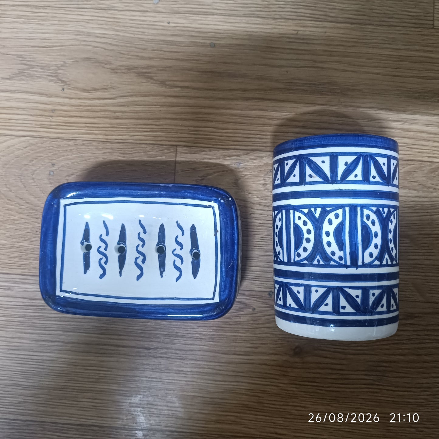 Blue & White Moroccan Ceramic Soap Dish & Toothbrush Holder Set