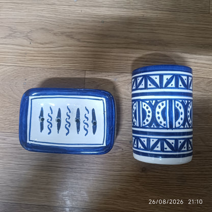 Blue & White Moroccan Ceramic Soap Dish & Toothbrush Holder Set
