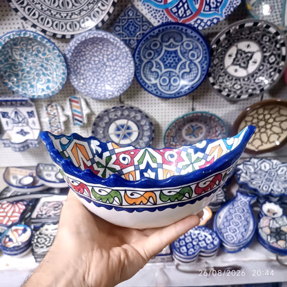 Moroccan Fez Boat-Shaped Salad Bowl – Hand-Painted Geometric Ceramic Serving Bowl