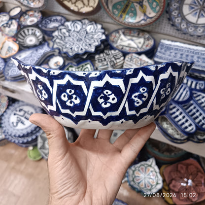 Moroccan Fez pottery Boat-Shaped Salad Bowl – Hand-Painted Geometric Ceramic Serving Bowl