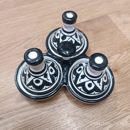 Moroccan Black & White Ceramic tagine 3-Compartment Spice & Condiment Set