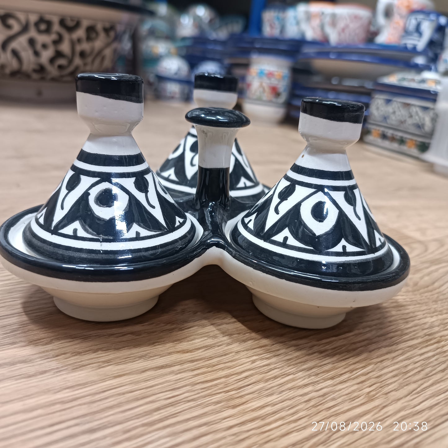 Moroccan Black & White Ceramic tagine 3-Compartment Spice & Condiment Set