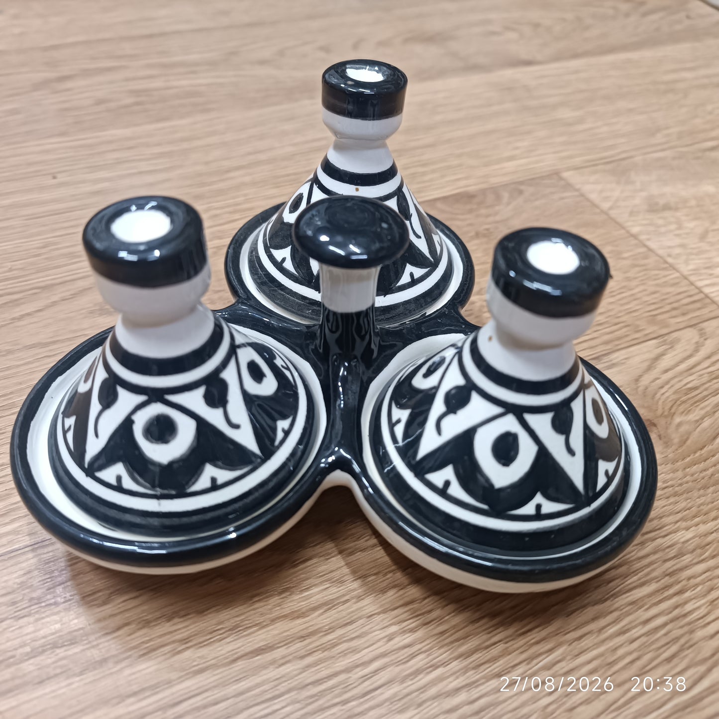 Moroccan Black & White Ceramic tagine 3-Compartment Spice & Condiment Set