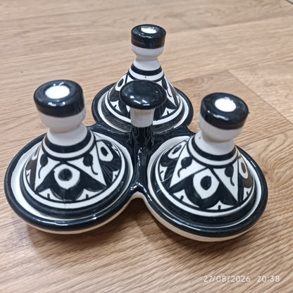 Moroccan Black & White Ceramic tagine 3-Compartment Spice & Condiment Set