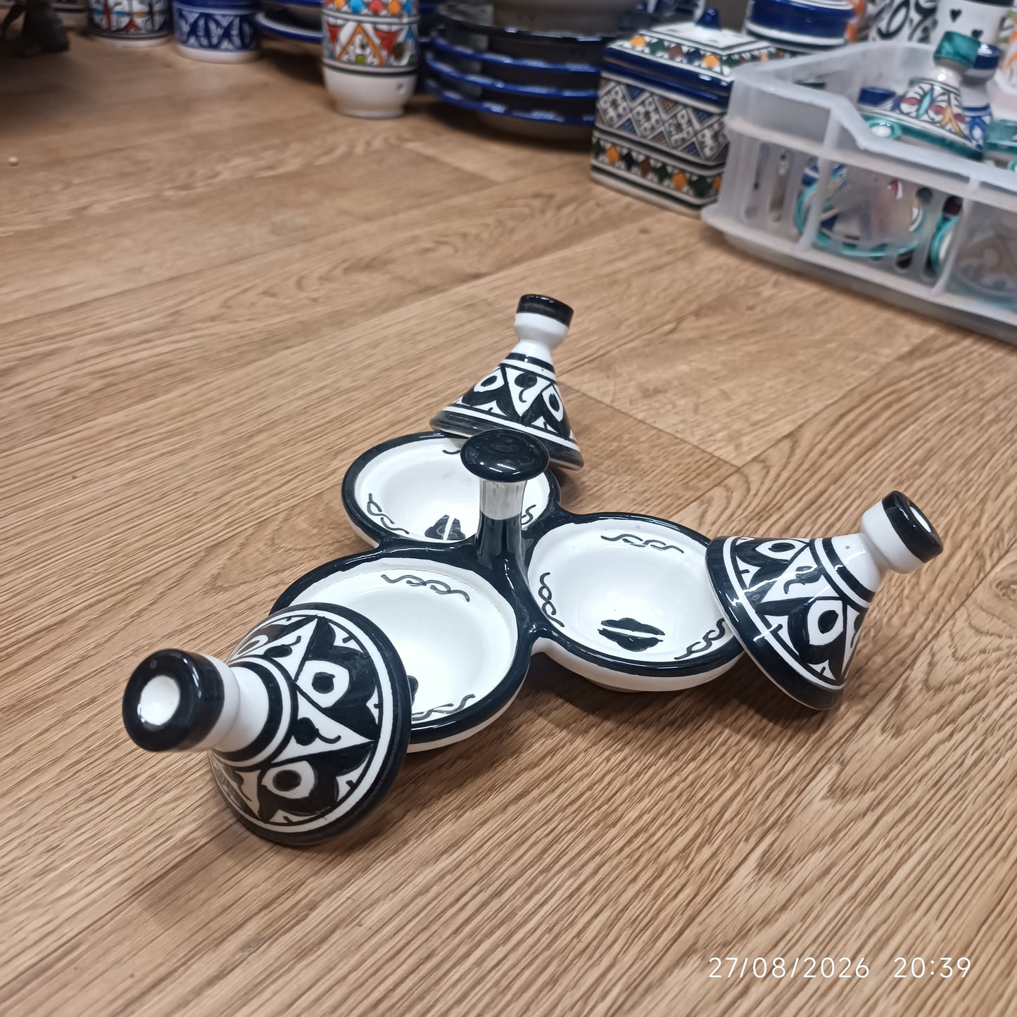 Moroccan Black & White Ceramic tagine 3-Compartment Spice & Condiment Set